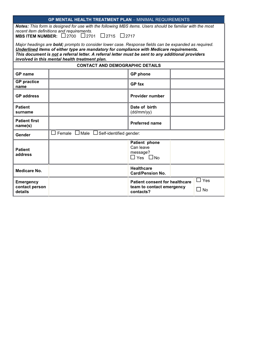 GP MENTAL HEALTH Treatment PLAN MINIMAL REQUIREMENTS