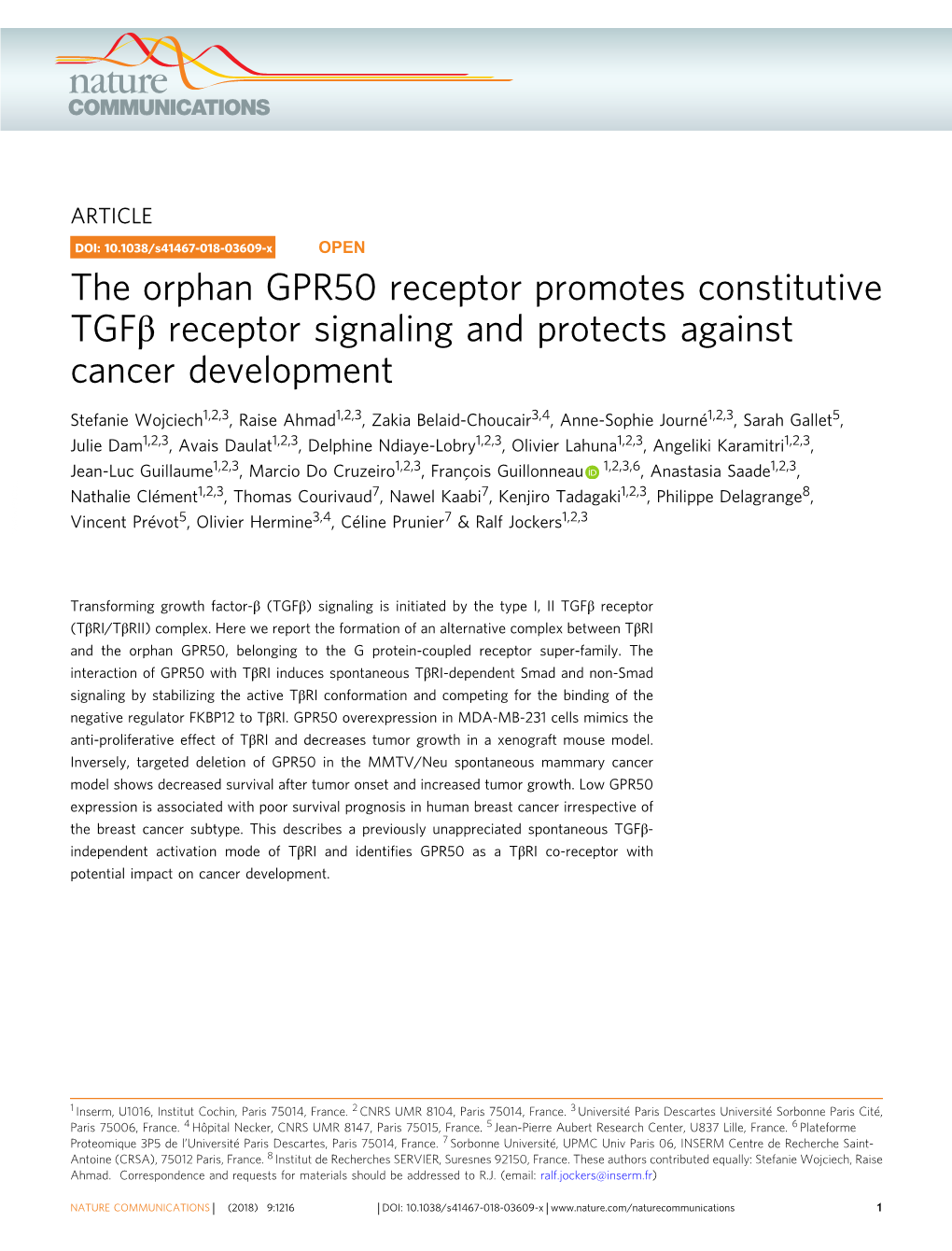 The Orphan GPR50 Receptor Promotes Constitutive TGFÎ² Receptor