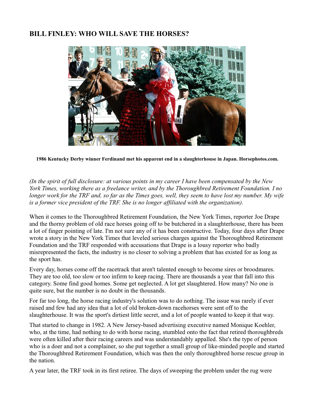 Bill Finley: Who Will Save the Horses?