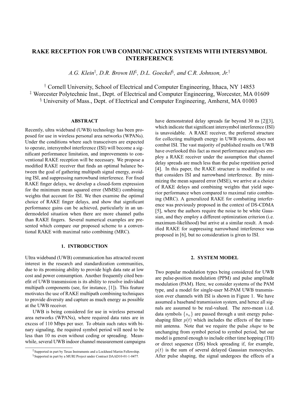 Rake Reception for Uwb Communication Systems with Intersymbol Interference