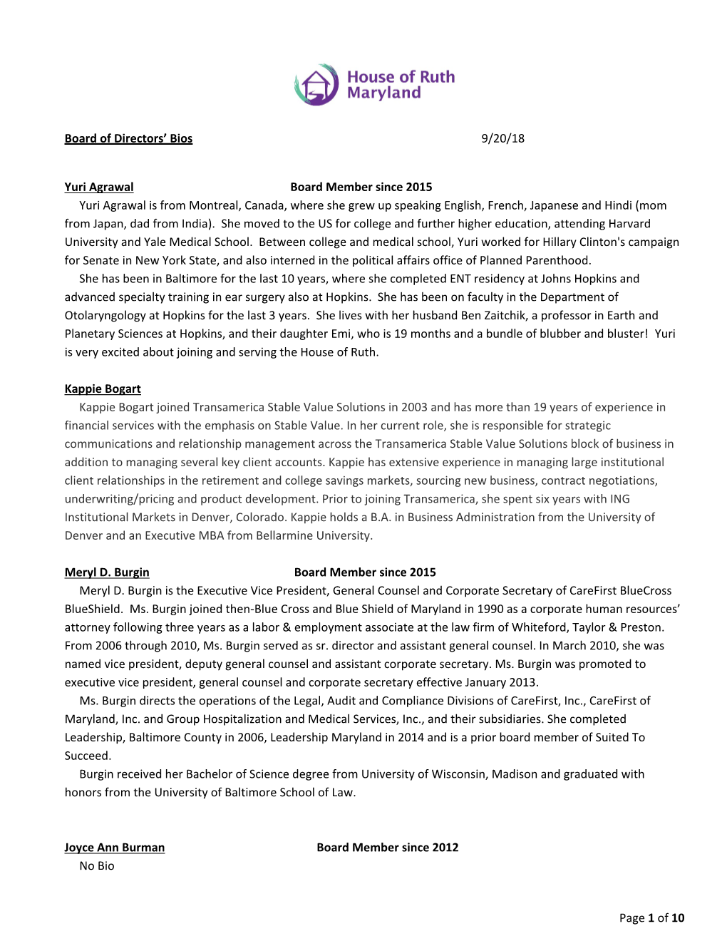 Of 10 Board of Directors' Bios 9/20/18 Yuri Agrawal Board Member Since