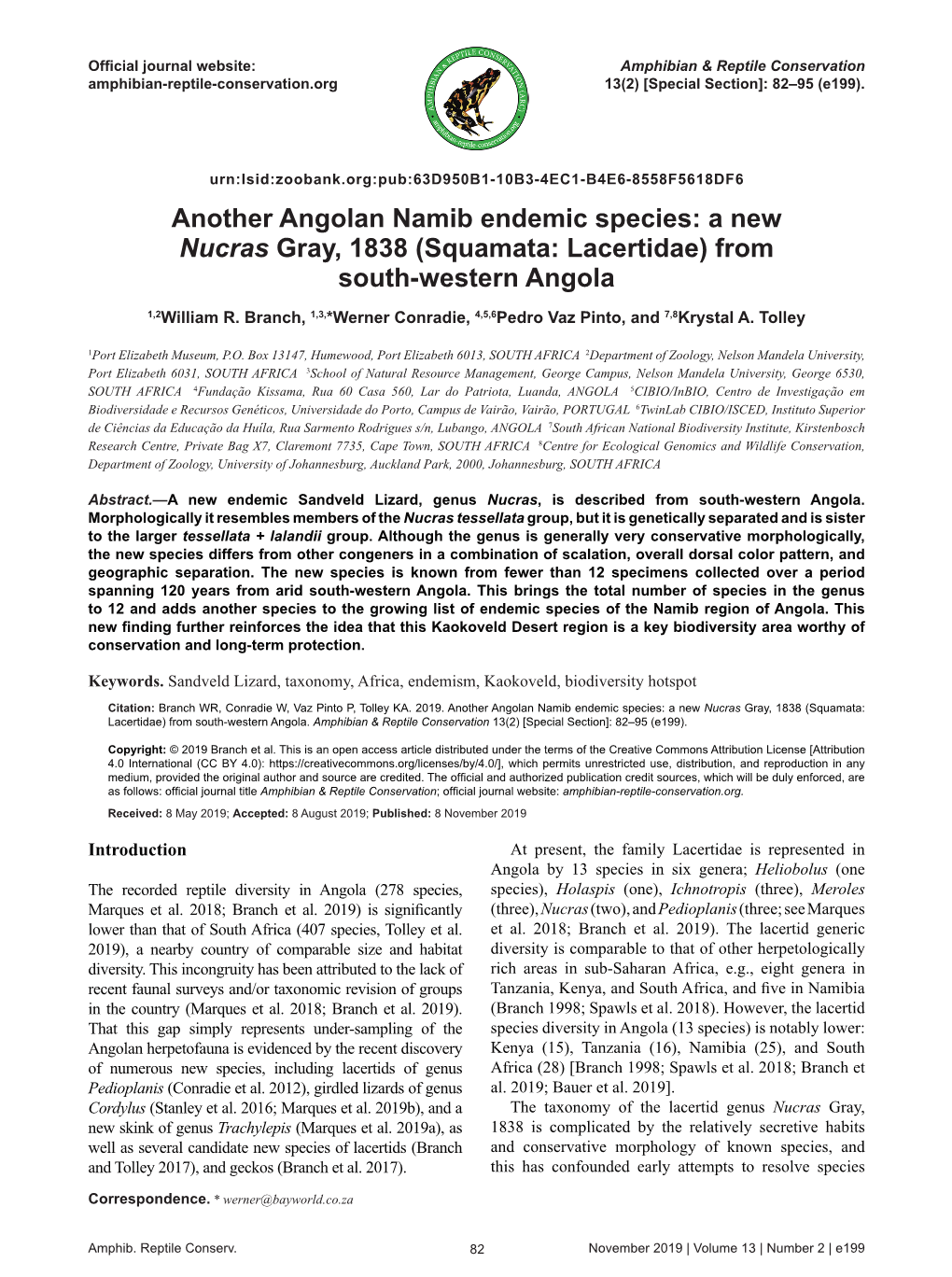 Another Angolan Namib Endemic Species: a New Nucras Gray, 1838 (Squamata: Lacertidae) from South-Western Angola 1,2William R