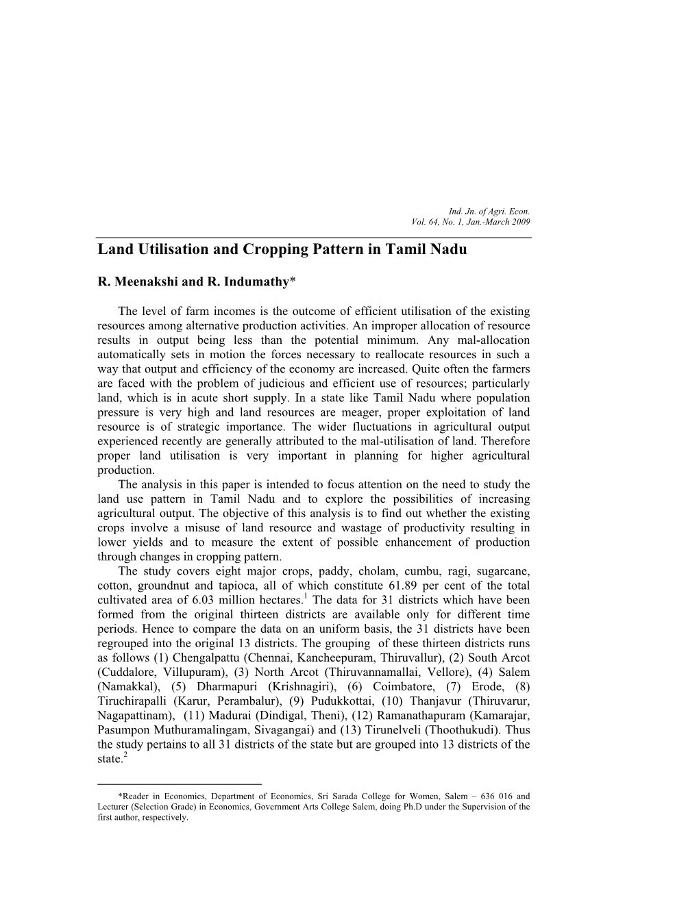 Land Utilisation and Cropping Pattern in Tamil Nadu