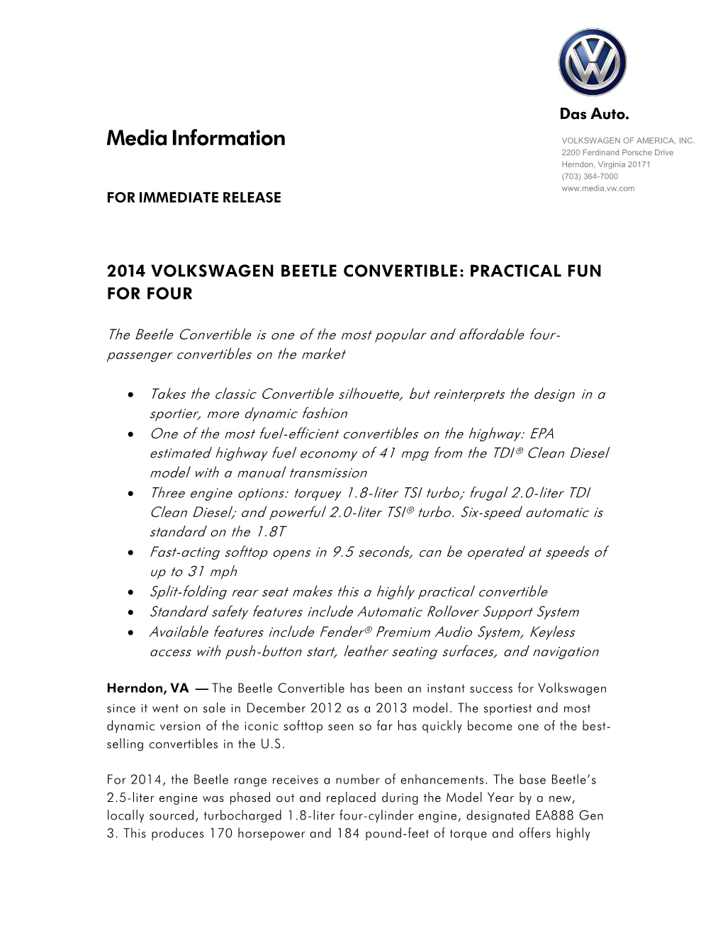 Media Information VOLKSWAGEN of AMERICA, INC