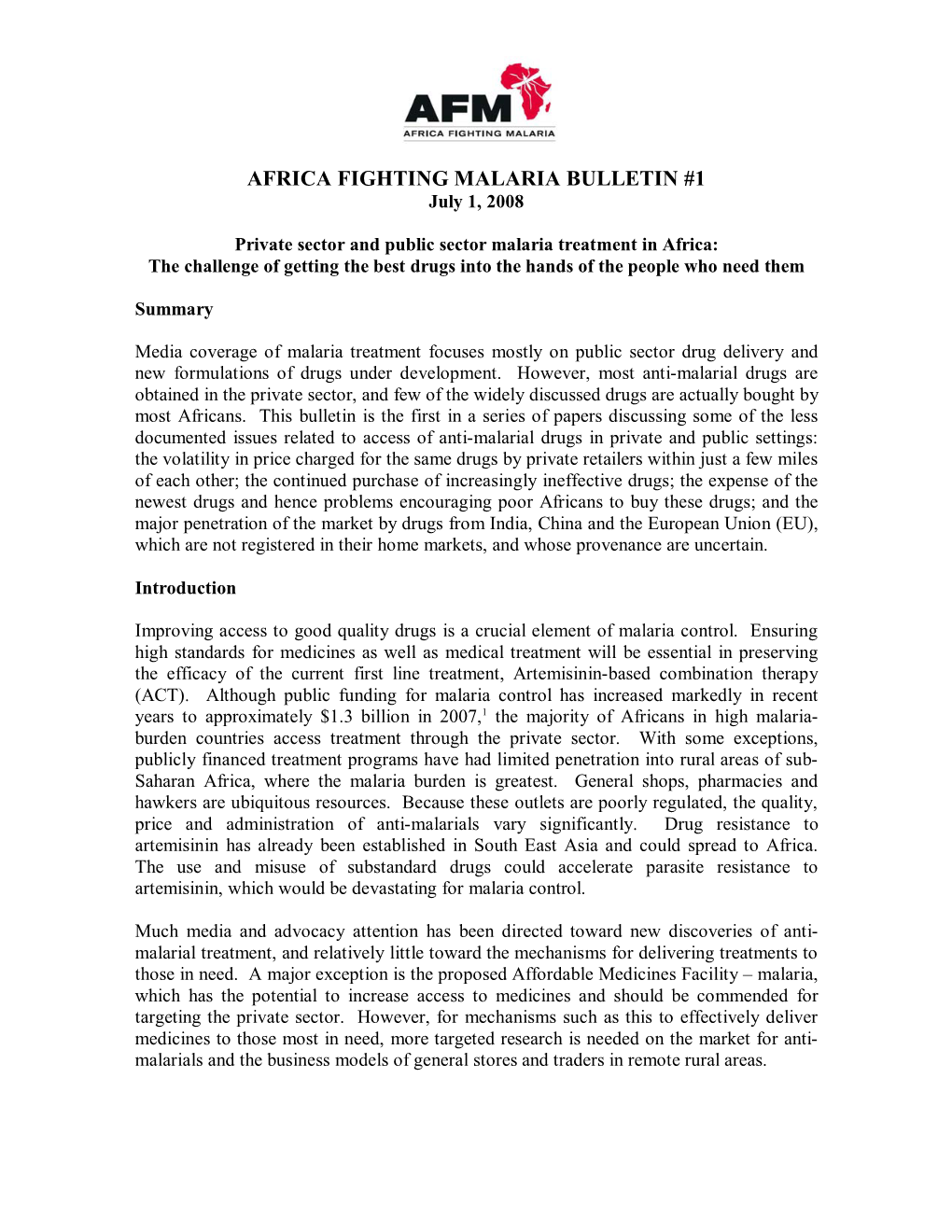 AFRICA FIGHTING MALARIA BULLETIN #1 July 1, 2008