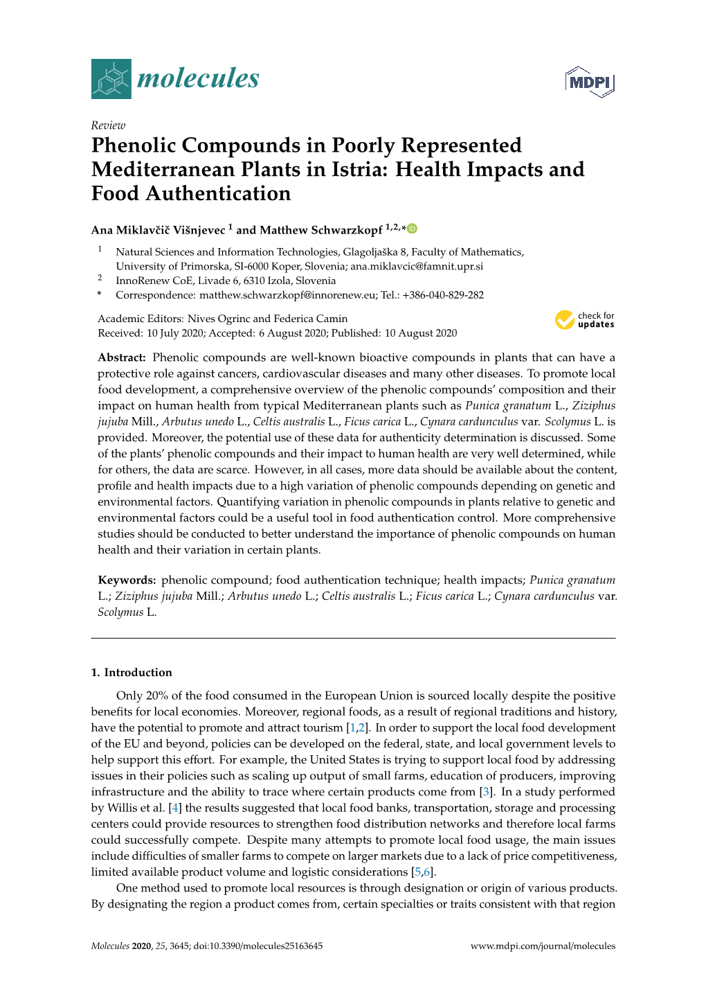 Phenolic Compounds in Poorly Represented Mediterranean Plants in Istria: Health Impacts and Food Authentication