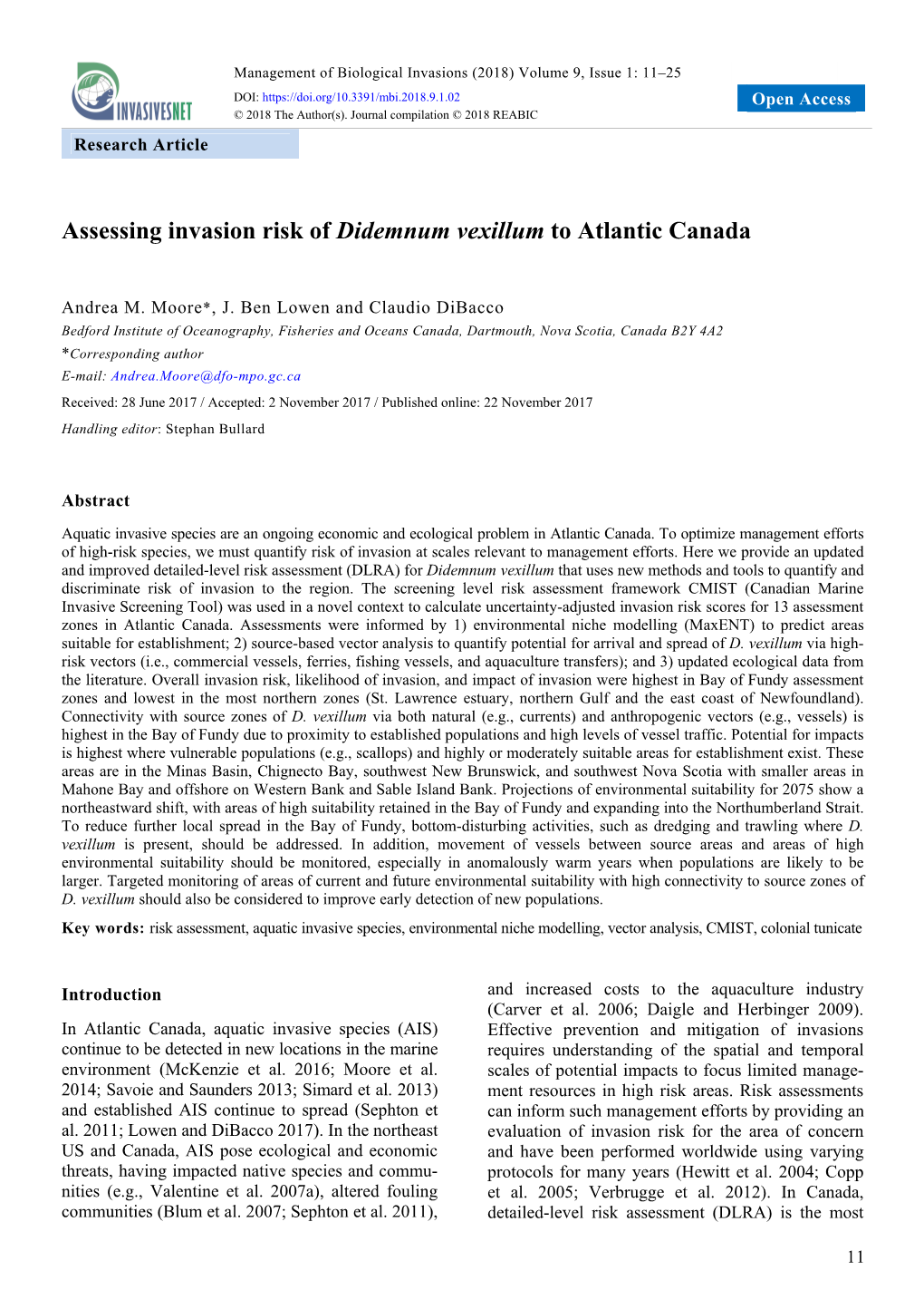 Assessing Invasion Risk of Didemnum Vexillum to Atlantic Canada