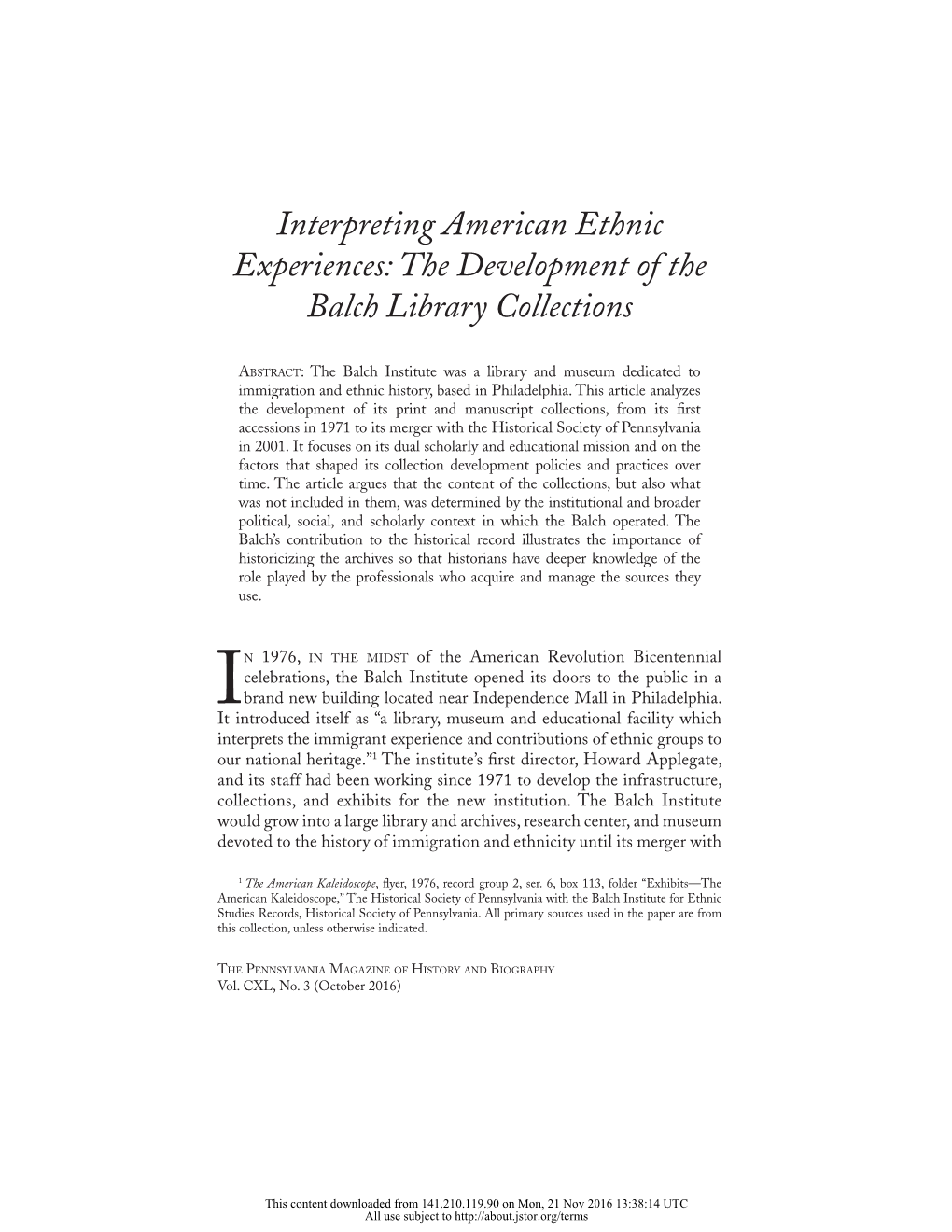 Interpreting American Ethnic Experiences: the Development of the Balch Library Collections