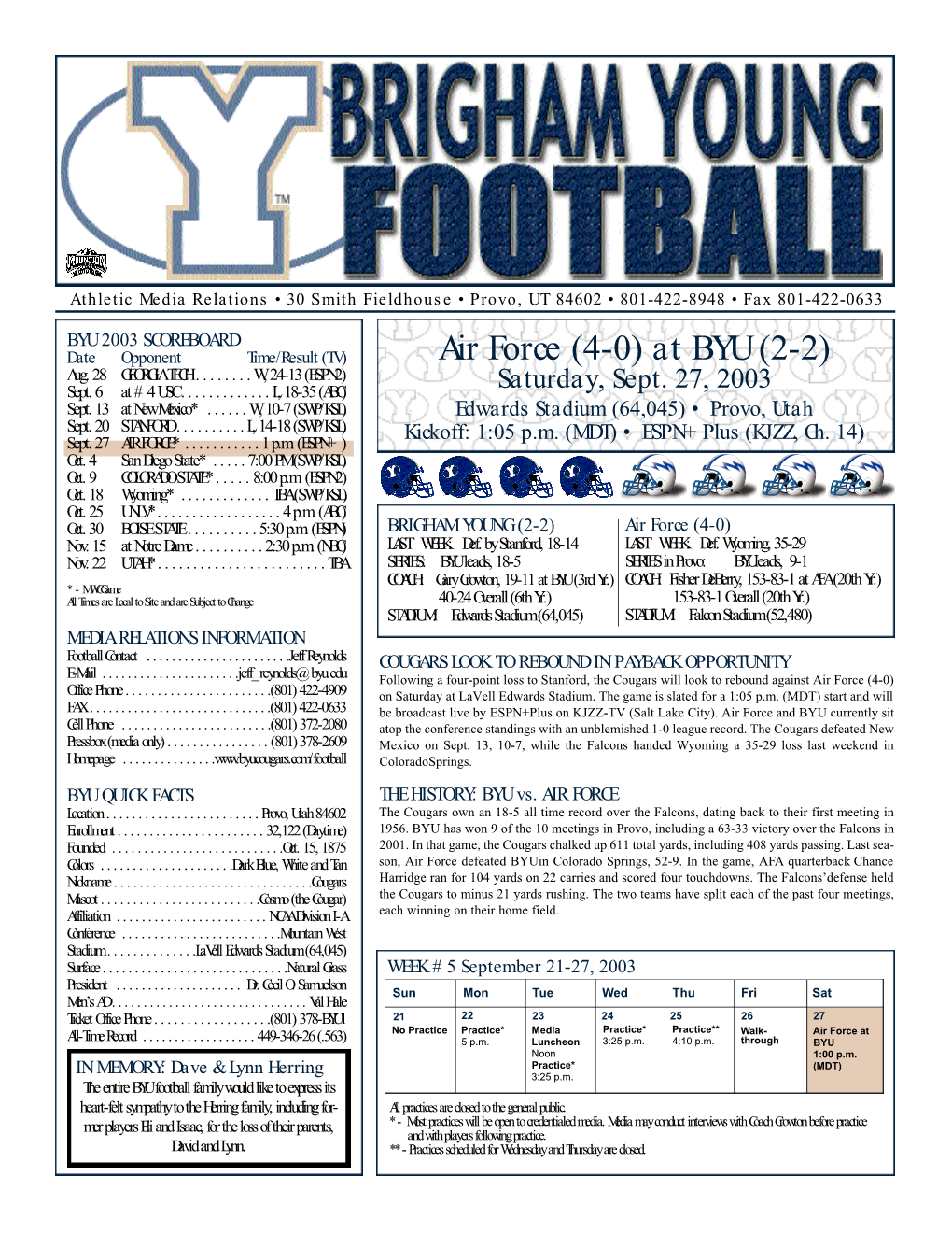 Air Force (4-0) at BYU (2-2) Aug