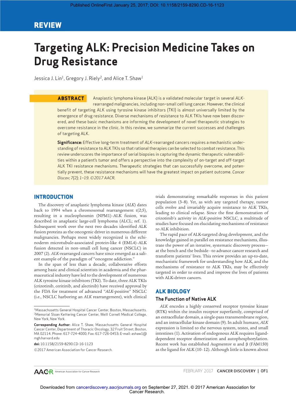 Targeting ALK: Precision Medicine Takes on Drug Resistance