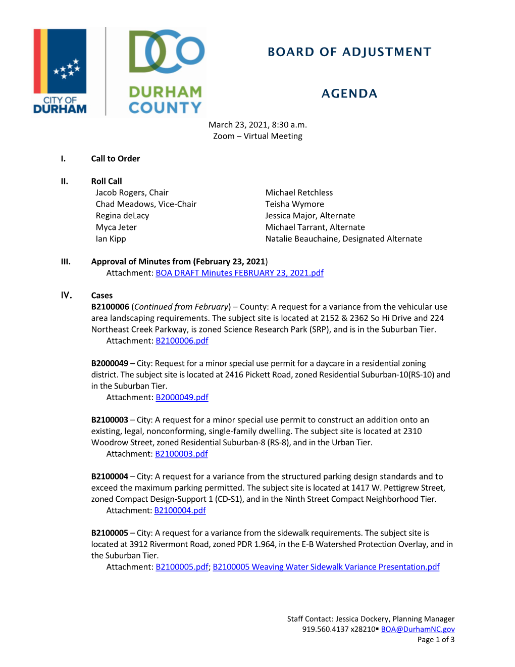 Durham Board of Adjustment Meeting Agenda