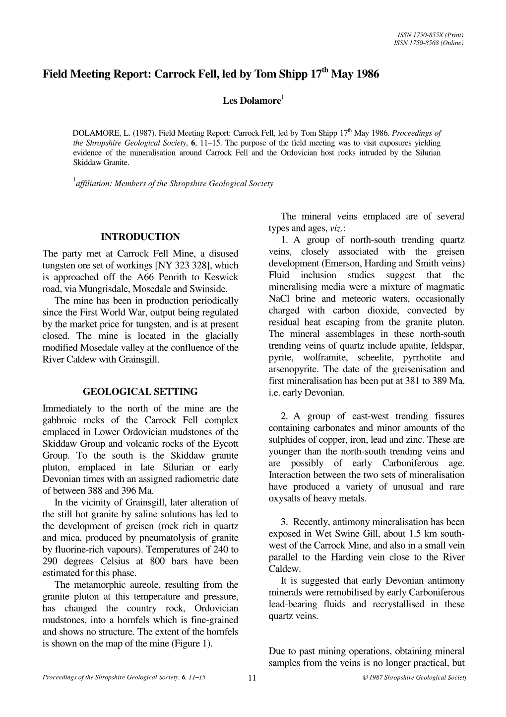 Field Meeting Report: Carrock Fell, Led by Tom Shipp 17 May 1986