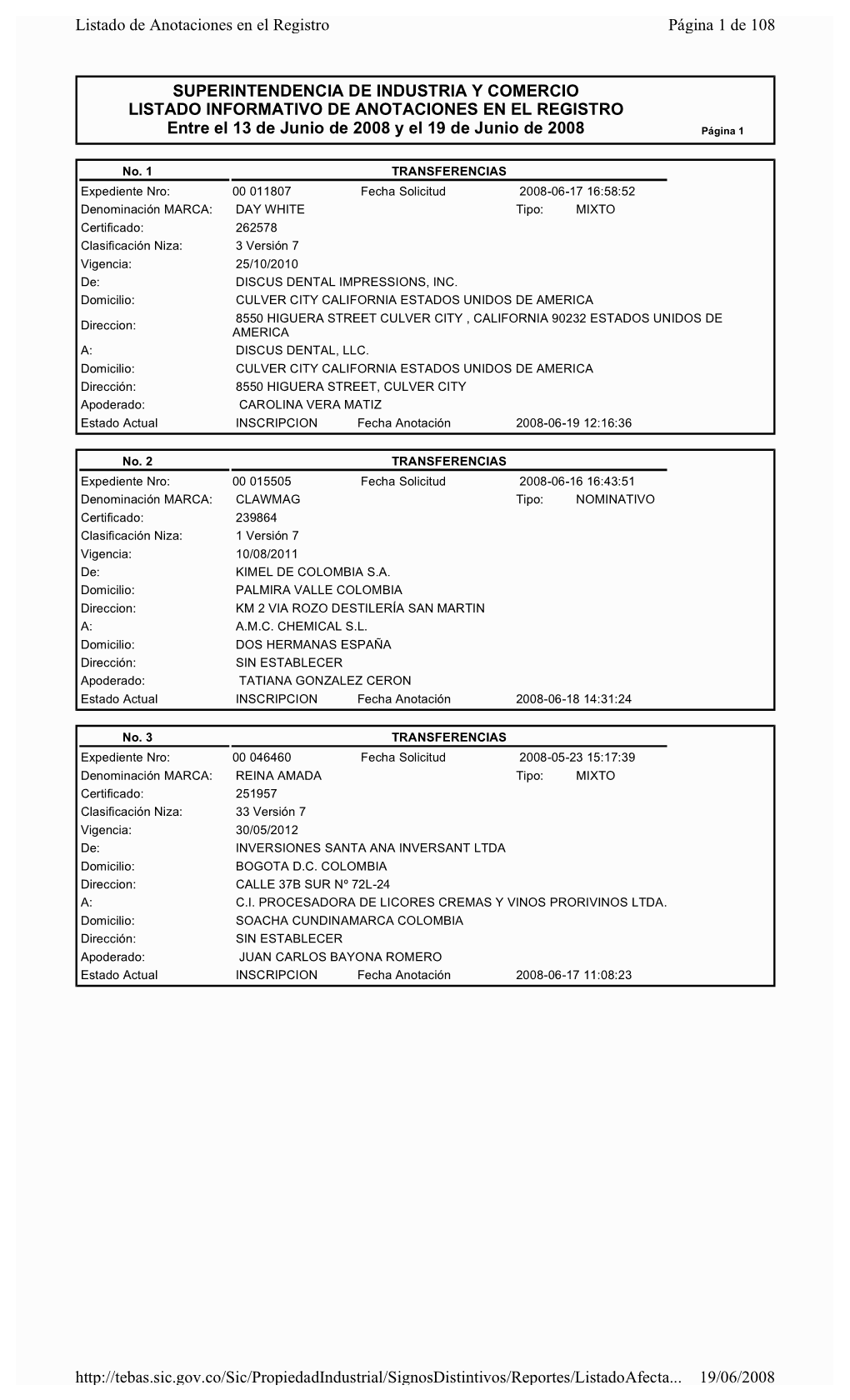 SUPERINTENDENCIA DE INDUSTRIA Y COMERCIO LISTADO INFORMATIVO DE ANOTACIONES EN EL REGISTRO Entre El 13 De Junio De 2008 Y El 19 De Junio De 2008 Página 1