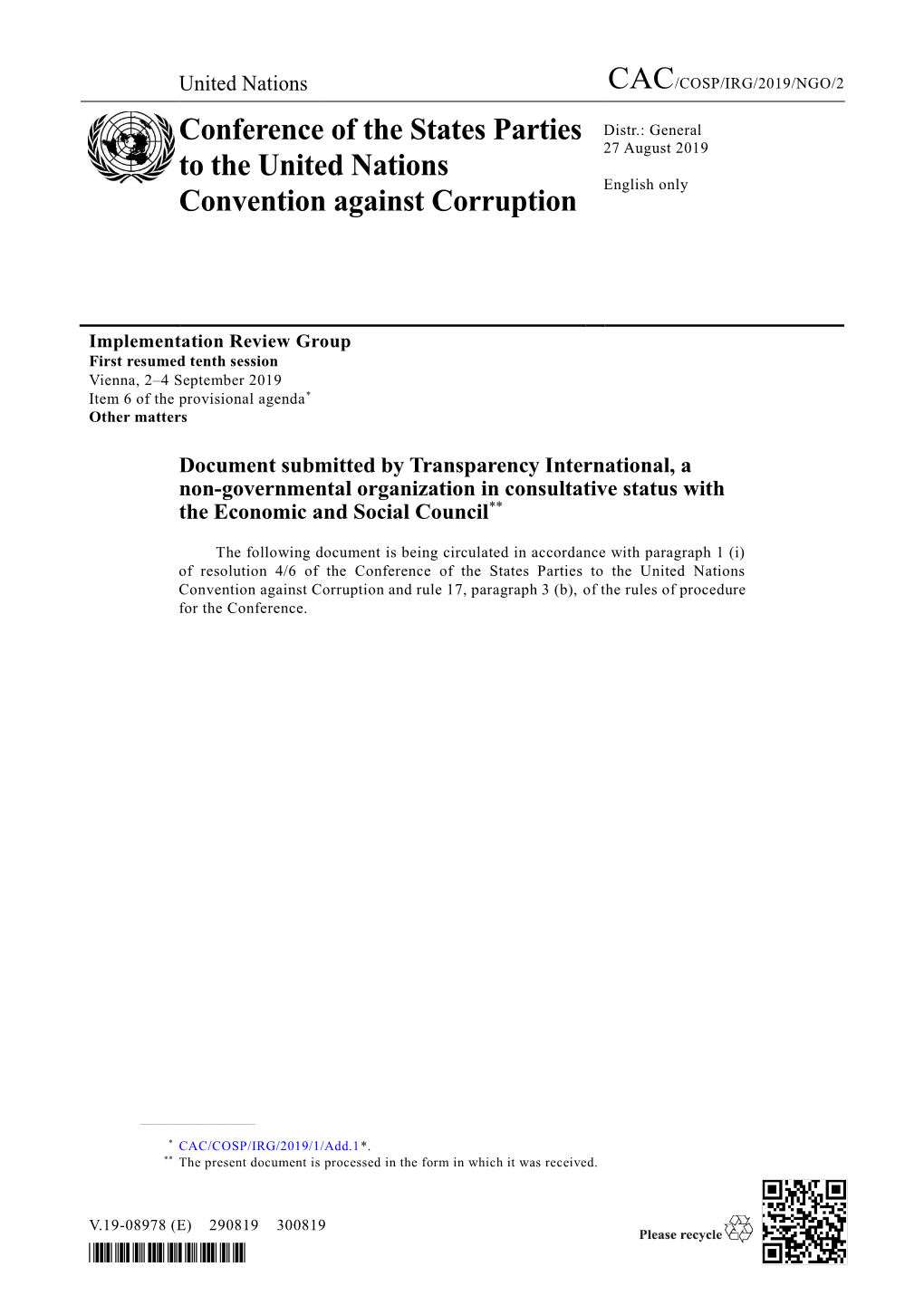 Conference of the States Parties to the United Nations Convention Against Corruption and Rule 17, Paragraph 3 (B), of the Rules of Procedure for the Conference