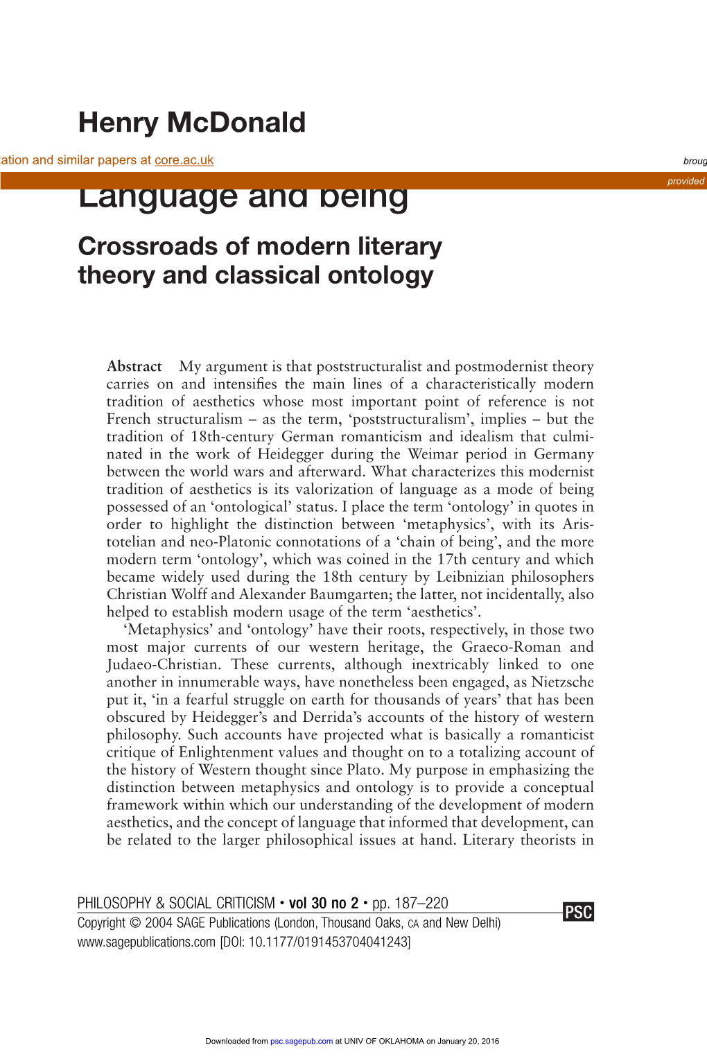 Language and Being Provided by SHAREOK Repository Crossroads of Modern Literary Theory and Classical Ontology