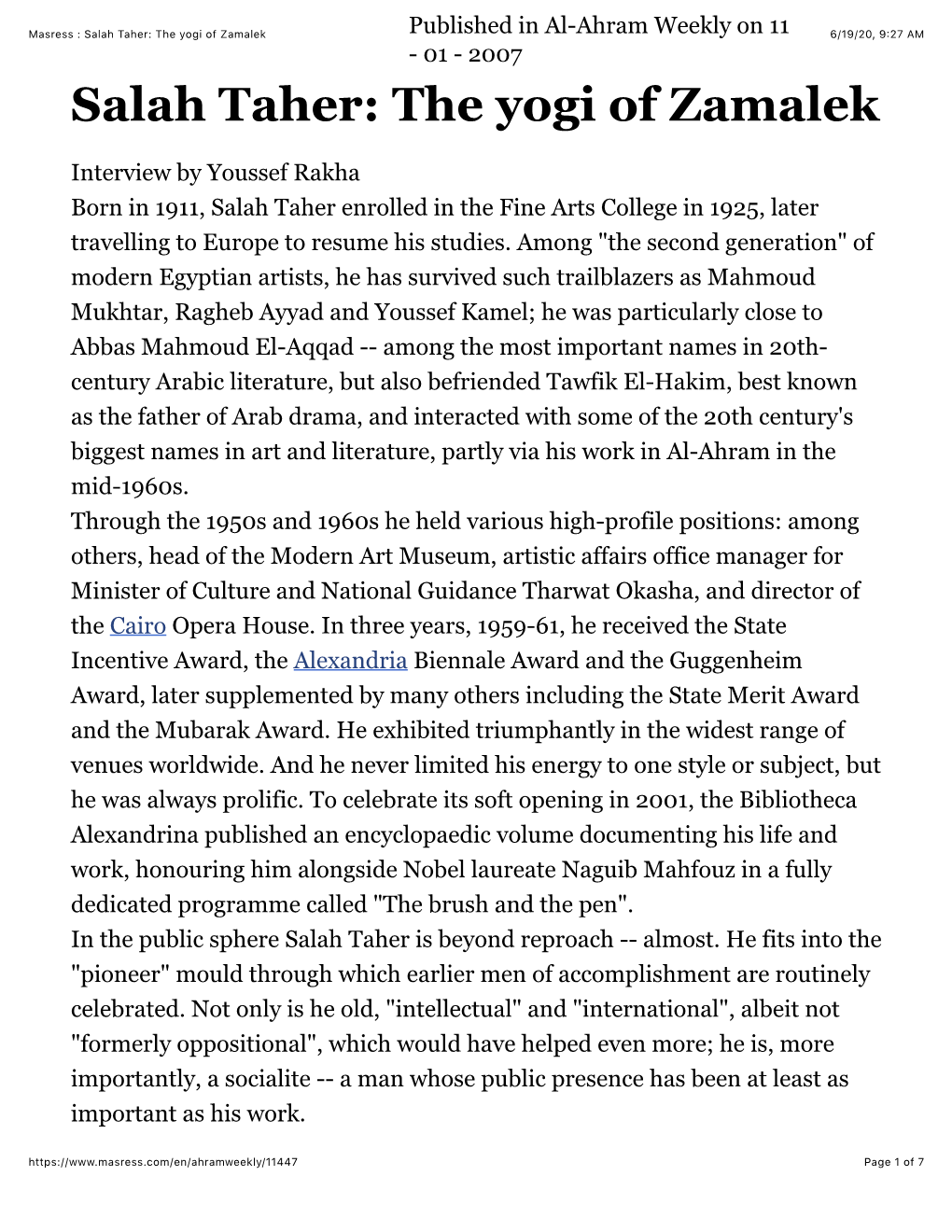 Masress : Salah Taher: the Yogi of Zamalek Published in Al-Ahram Weekly on 11 6/19/20, 9:27 AM - 01 - 2007 Salah Taher: the Yogi of Zamalek