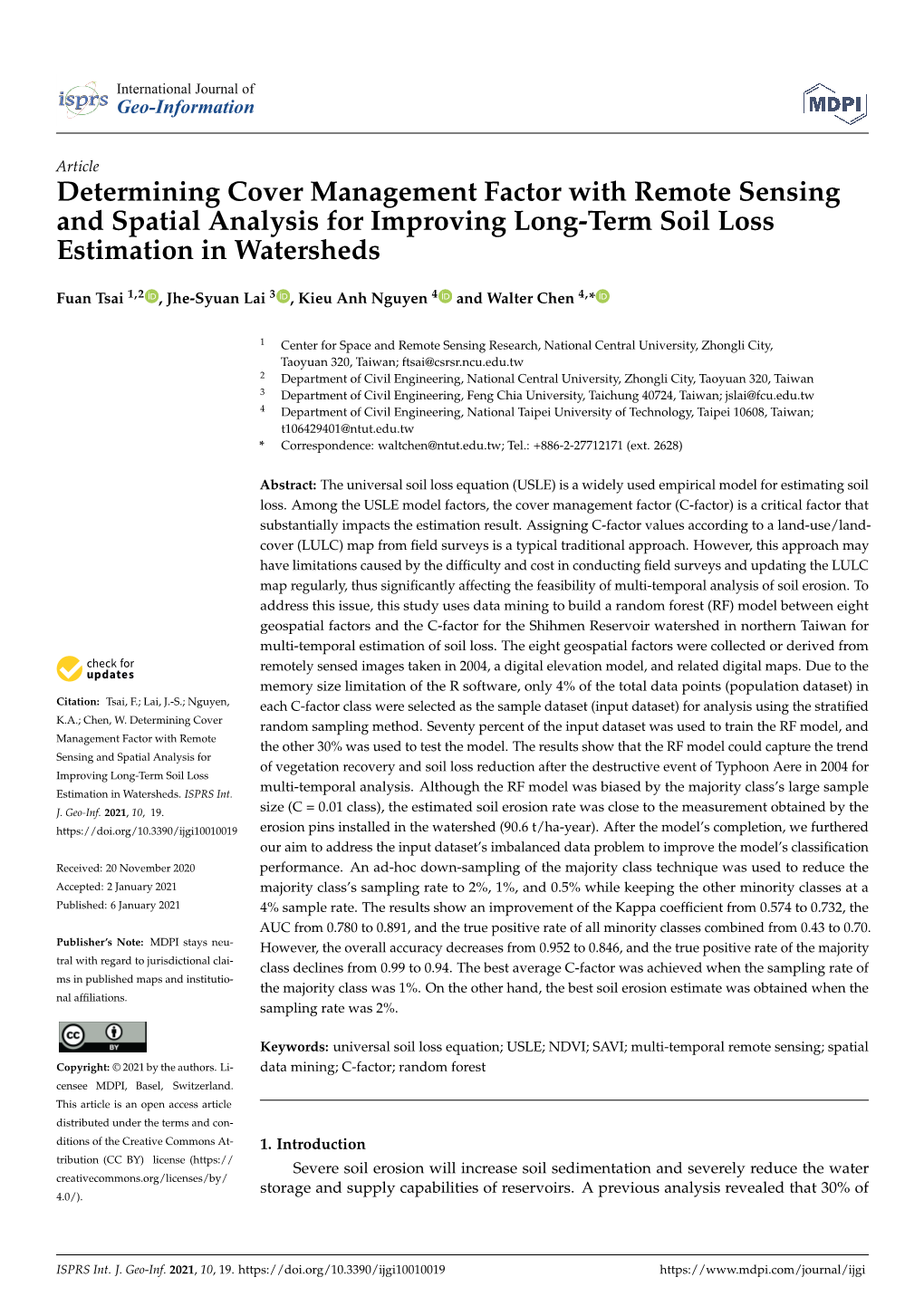 Determining Cover Management Factor with Remote Sensing and Spatial Analysis for Improving Long-Term Soil Loss Estimation in Watersheds