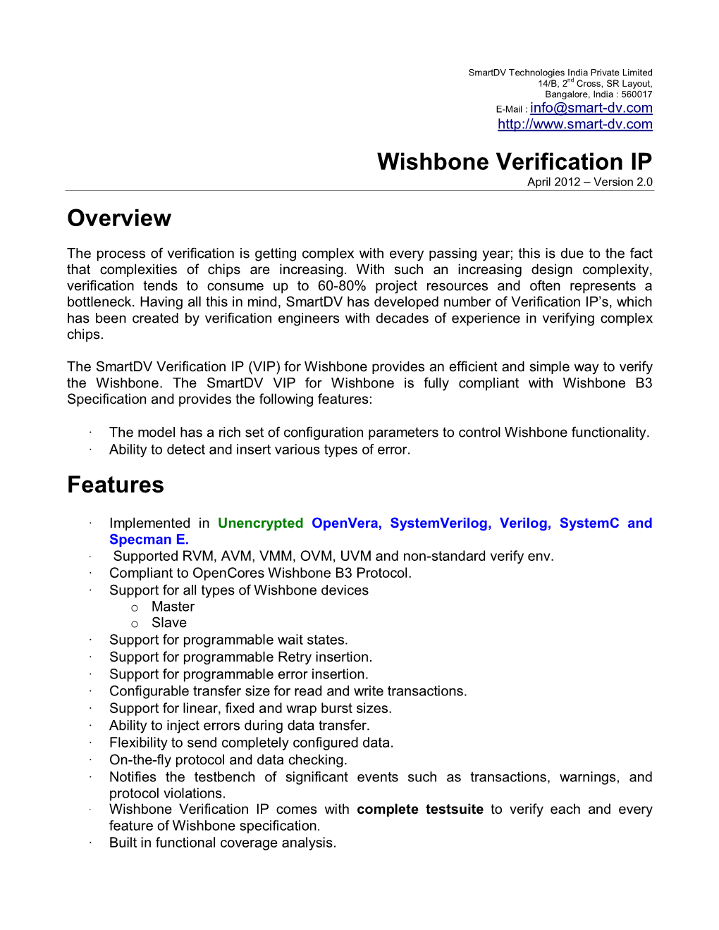 Wishbone Verification IP Overview Features