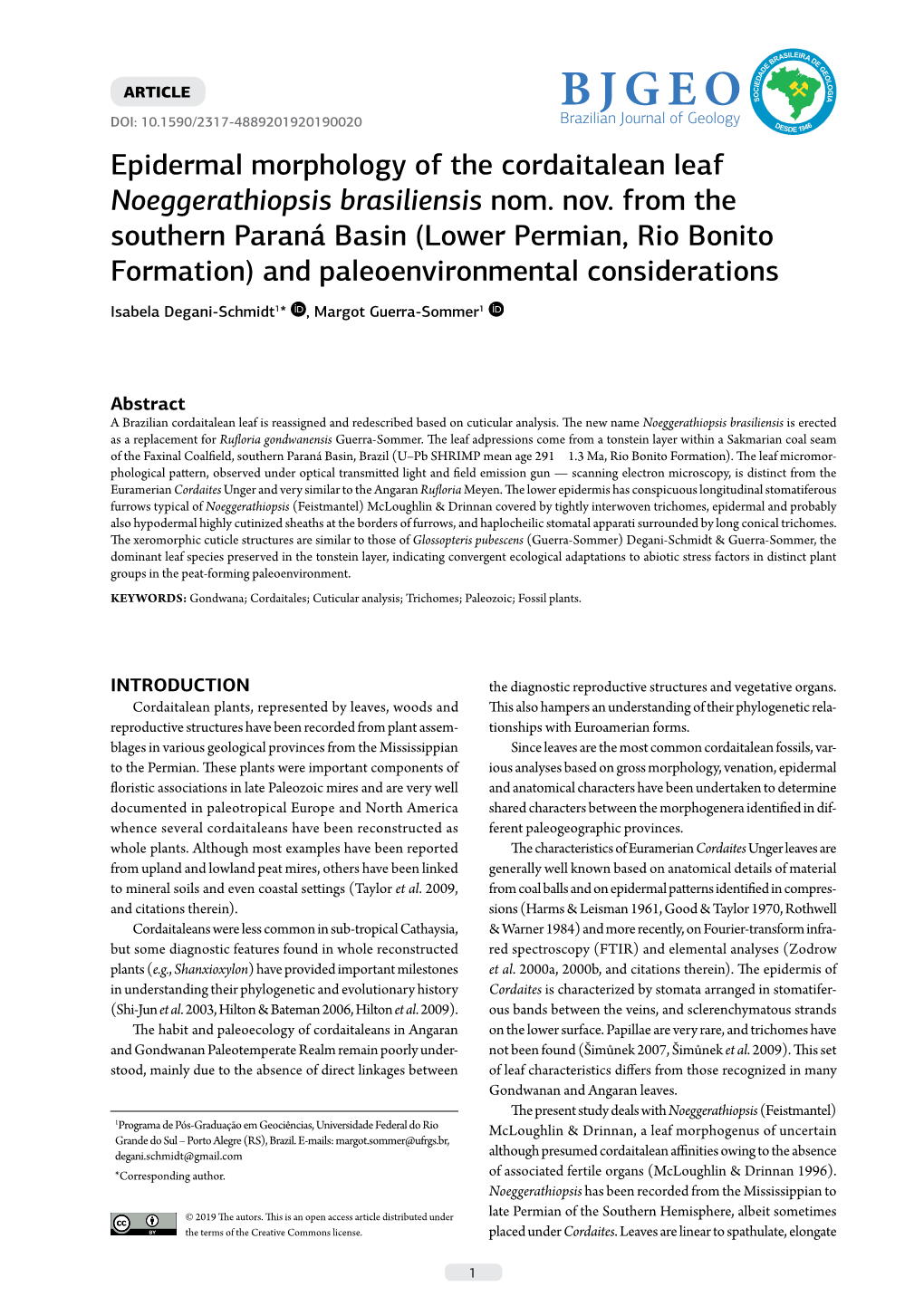 Epidermal Morphology of the Cordaitalean Leaf Noeggerathiopsis Brasiliensis Nom. Nov. from the Southern Paraná Basin