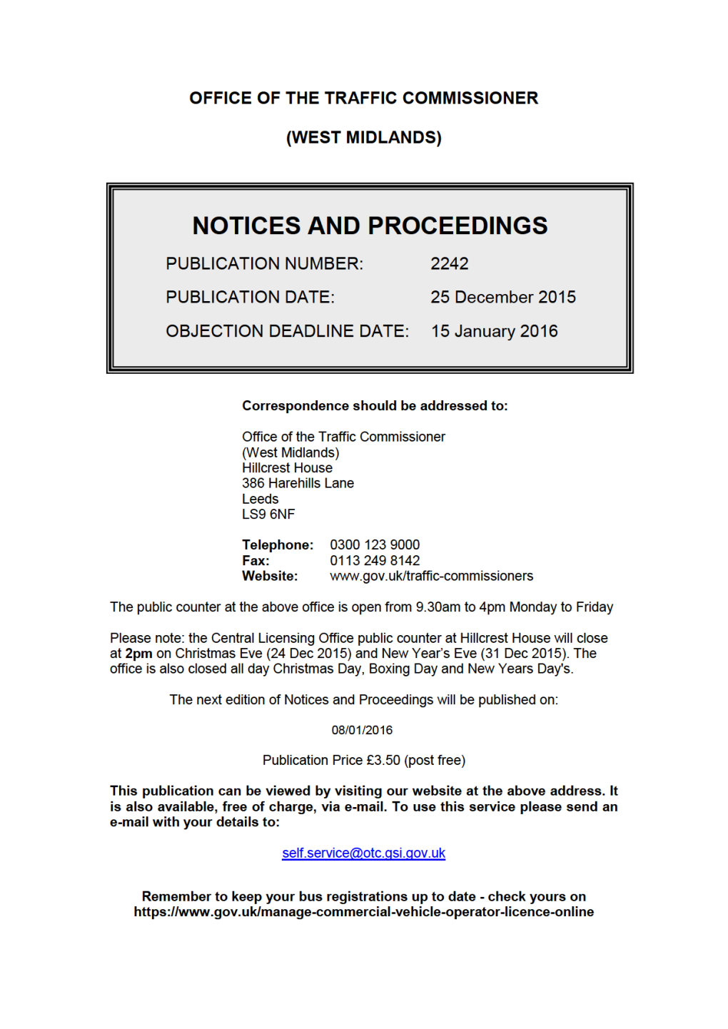 NOTICES and PROCEEDINGS 25 December 2015