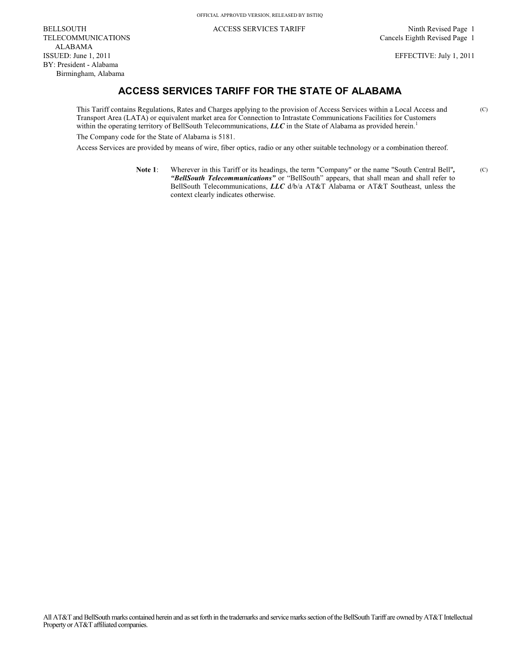 Access Services Tariff for the State of Alabama