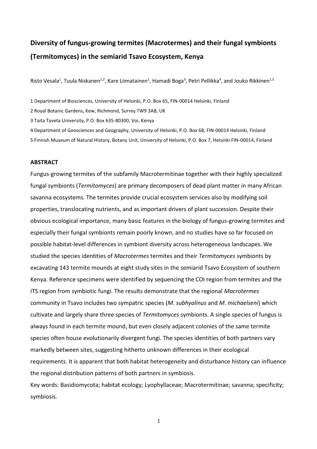 (Macrotermes) and Their Fungal Symbionts (Termitomyces) in the Semiarid Tsavo Ecosystem, Kenya