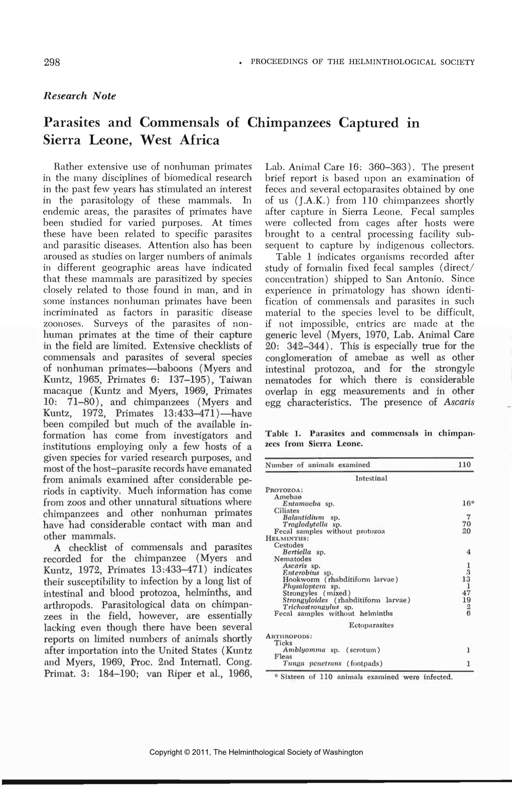 Parasites and Commensals of Chimpanzees Captured in Sierra Leone, West Africa