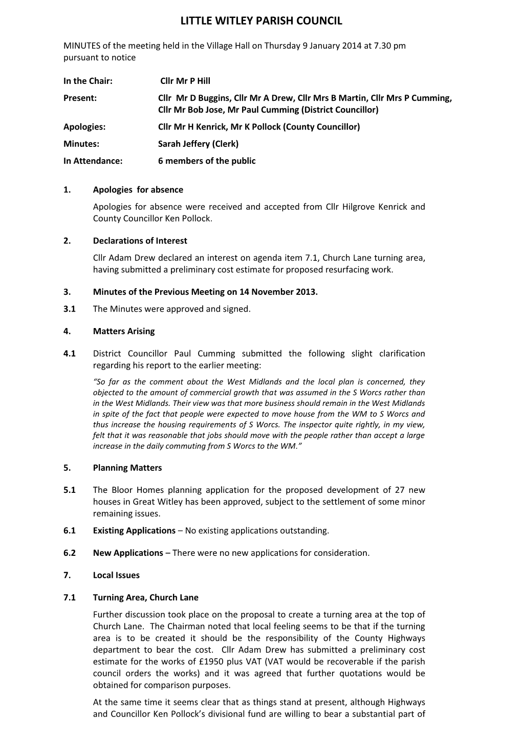 Little Witley Parish Council Draft Minutes