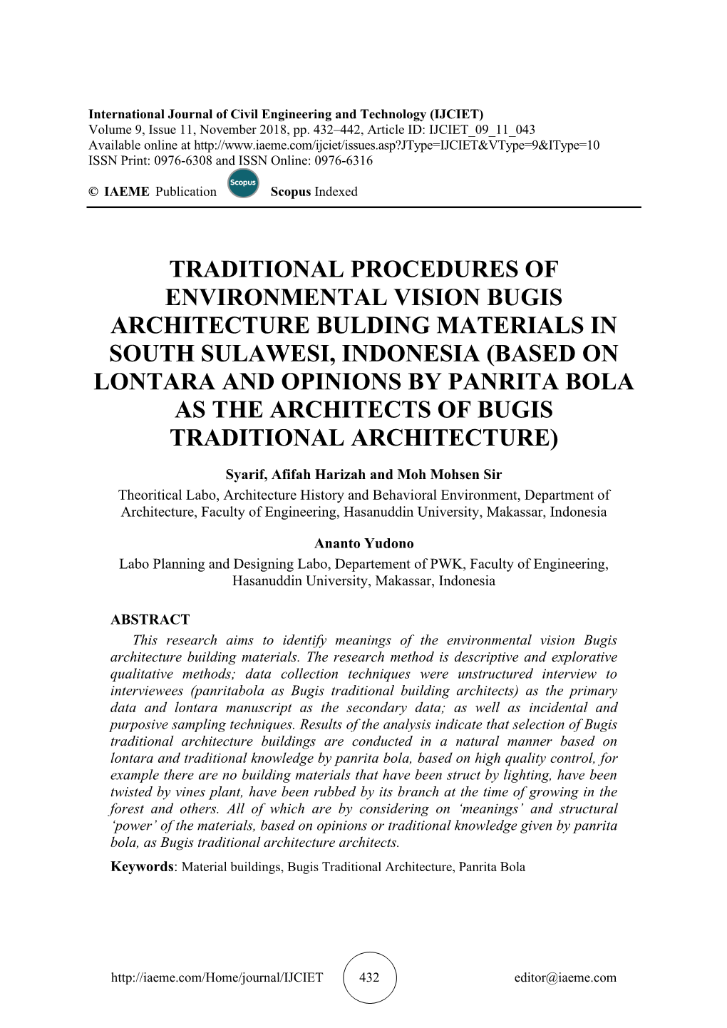 Traditional Procedures of Environmental Vision Bugis Architecture Bulding Materials in South Sulawesi, Indonesia