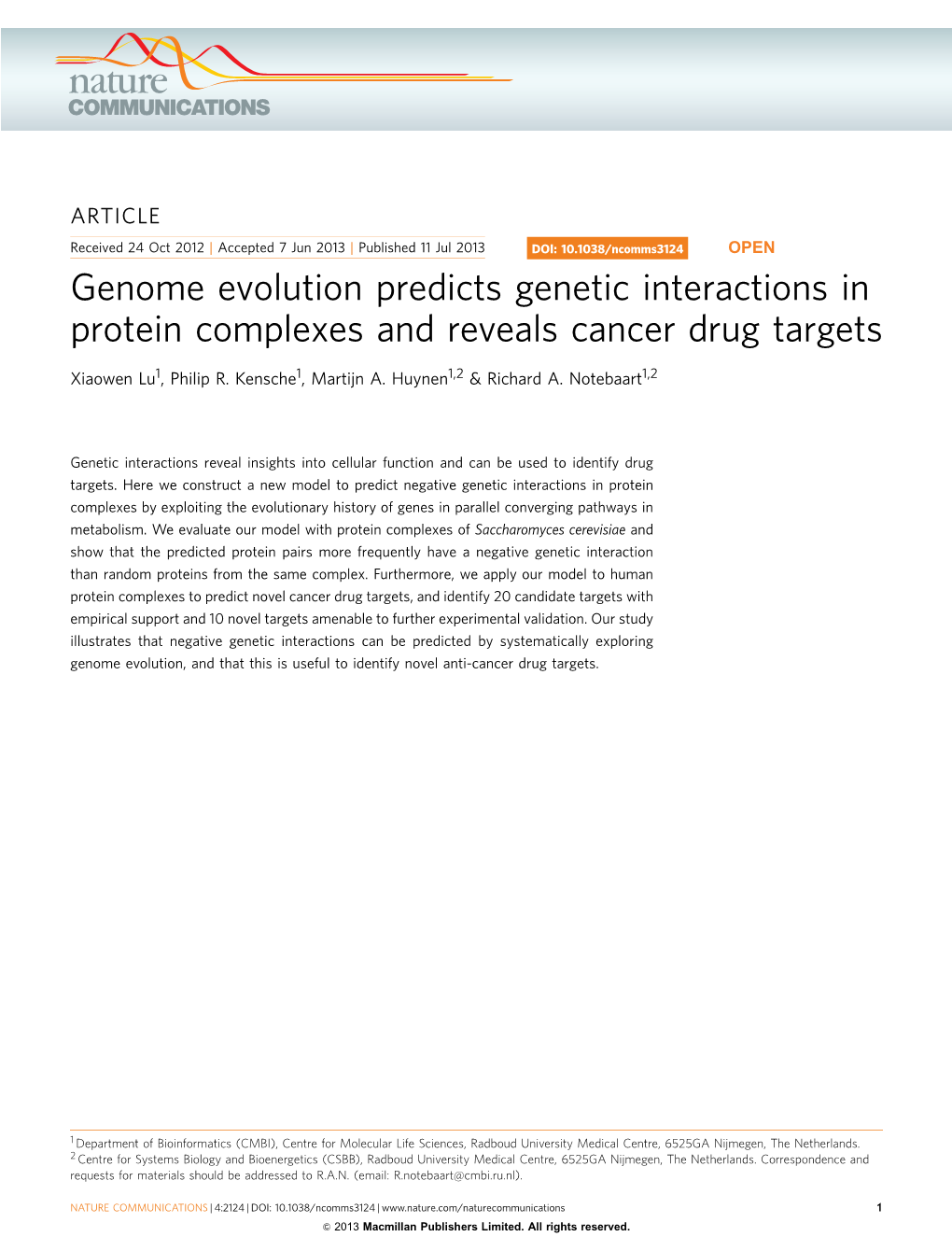 Genome Evolution Predicts Genetic Interactions in Protein Complexes and Reveals Cancer Drug Targets