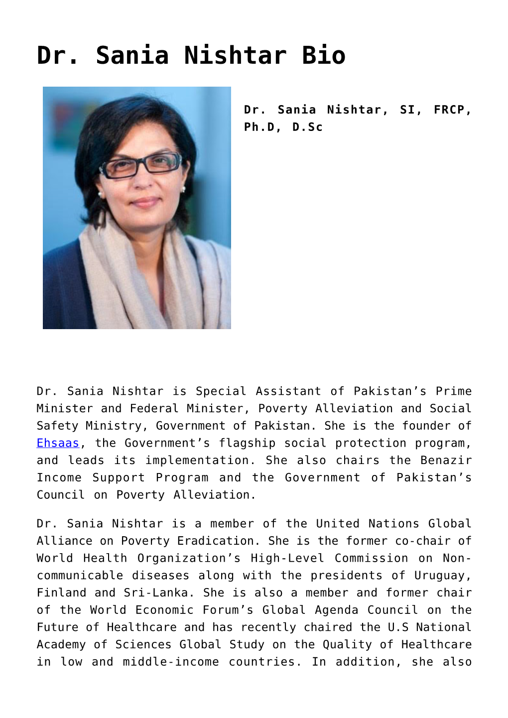 Dr. Sania Nishtar Bio