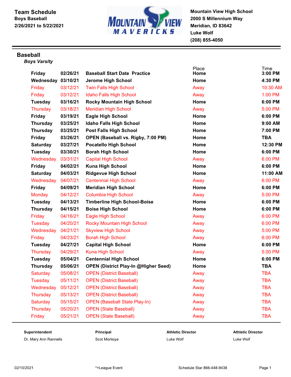 Team Schedule Baseball