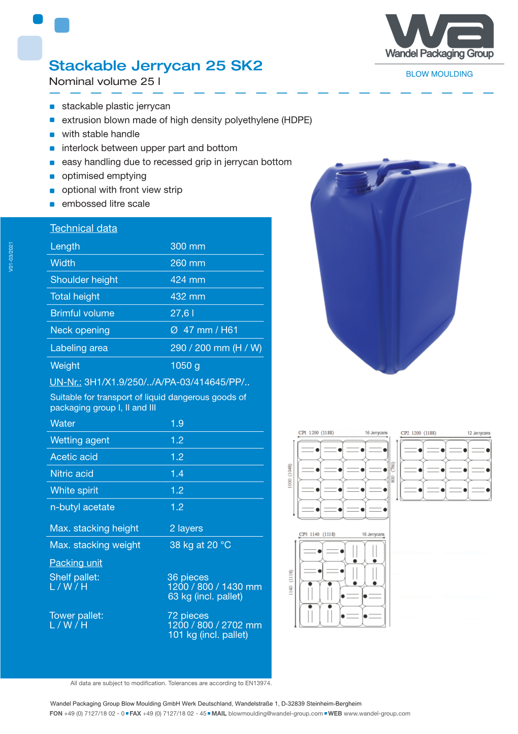 Stackable Jerrycan 25 SK2 BLOW MOULDING Nominal Volume 25 L