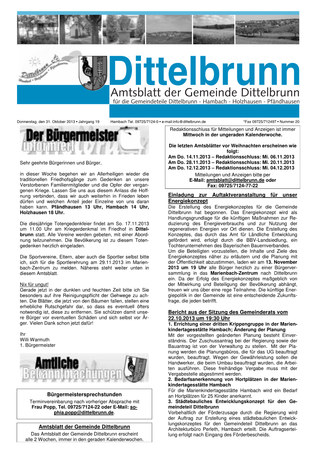 Amtsblatt Der Gemeinde Dittelbrunn Für Die Gemeindeteile Dittelbrunn - Hambach - Holzhausen - Pfändhausen