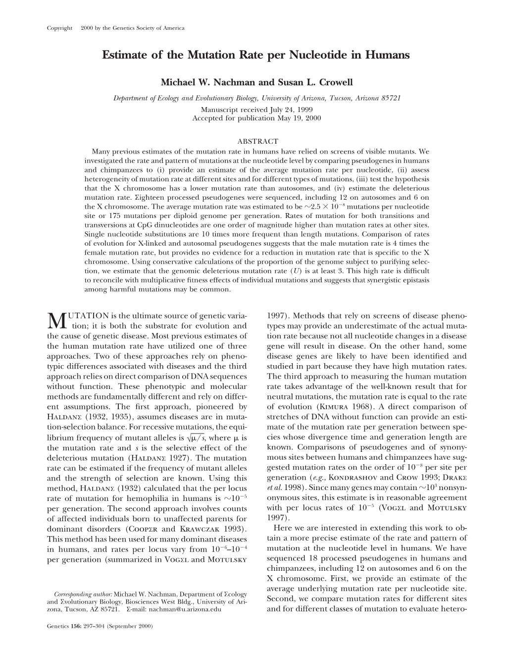 Estimate of the Mutation Rate Per Nucleotide in Humans