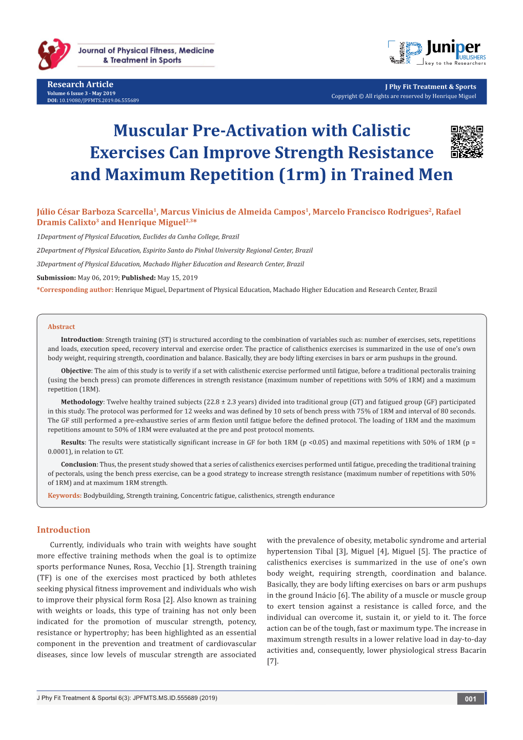 Muscular Pre-Activation with Calistic Exercises Can Improve Strength Resistance and Maximum Repetition (1Rm) in Trained Men