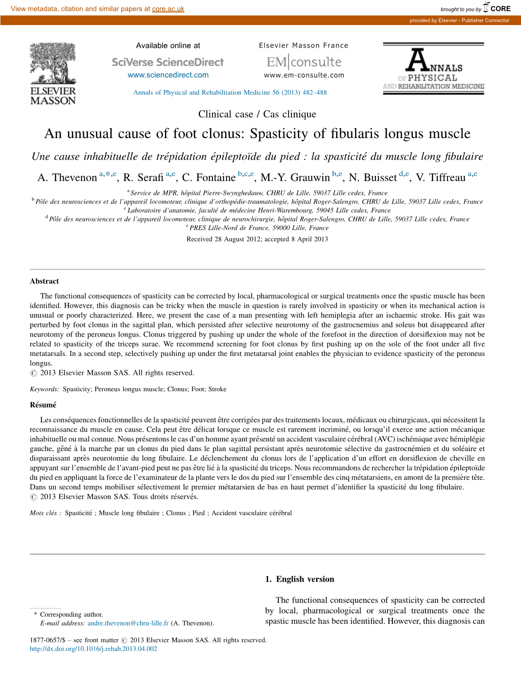 An Unusual Cause of Foot Clonus: Spasticity of Fibularis Longus Muscle