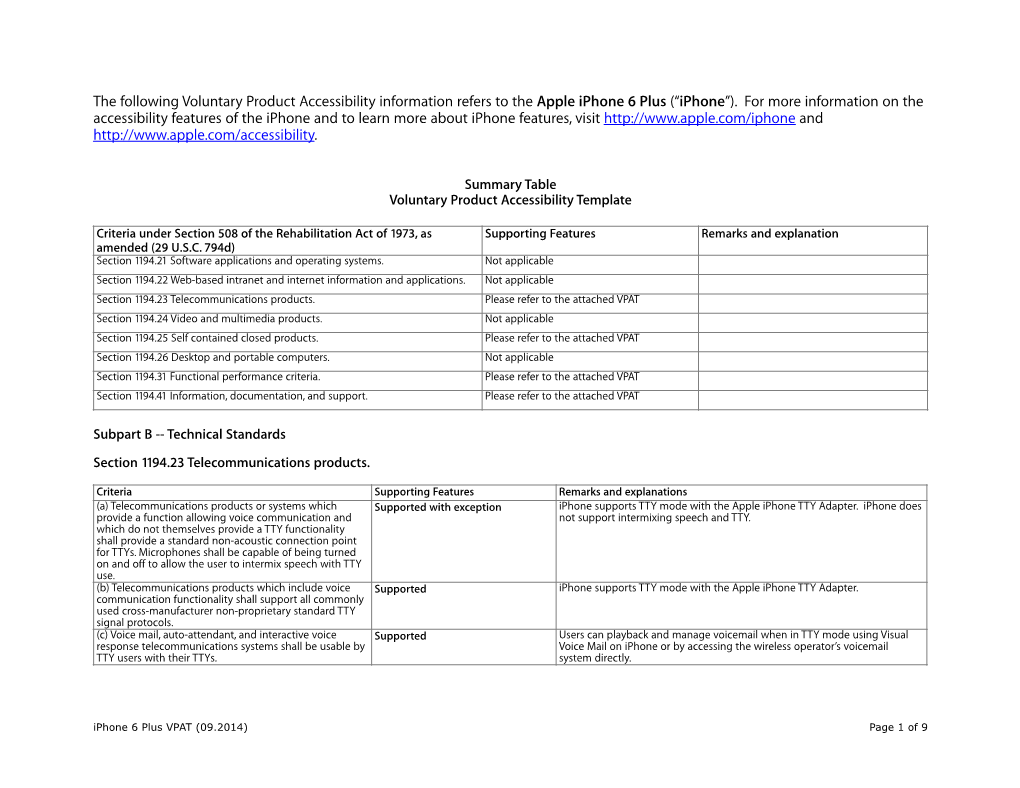 The Following Voluntary Product Accessibility Information Refers to the Apple Iphone 6 Plus (“Iphone”)