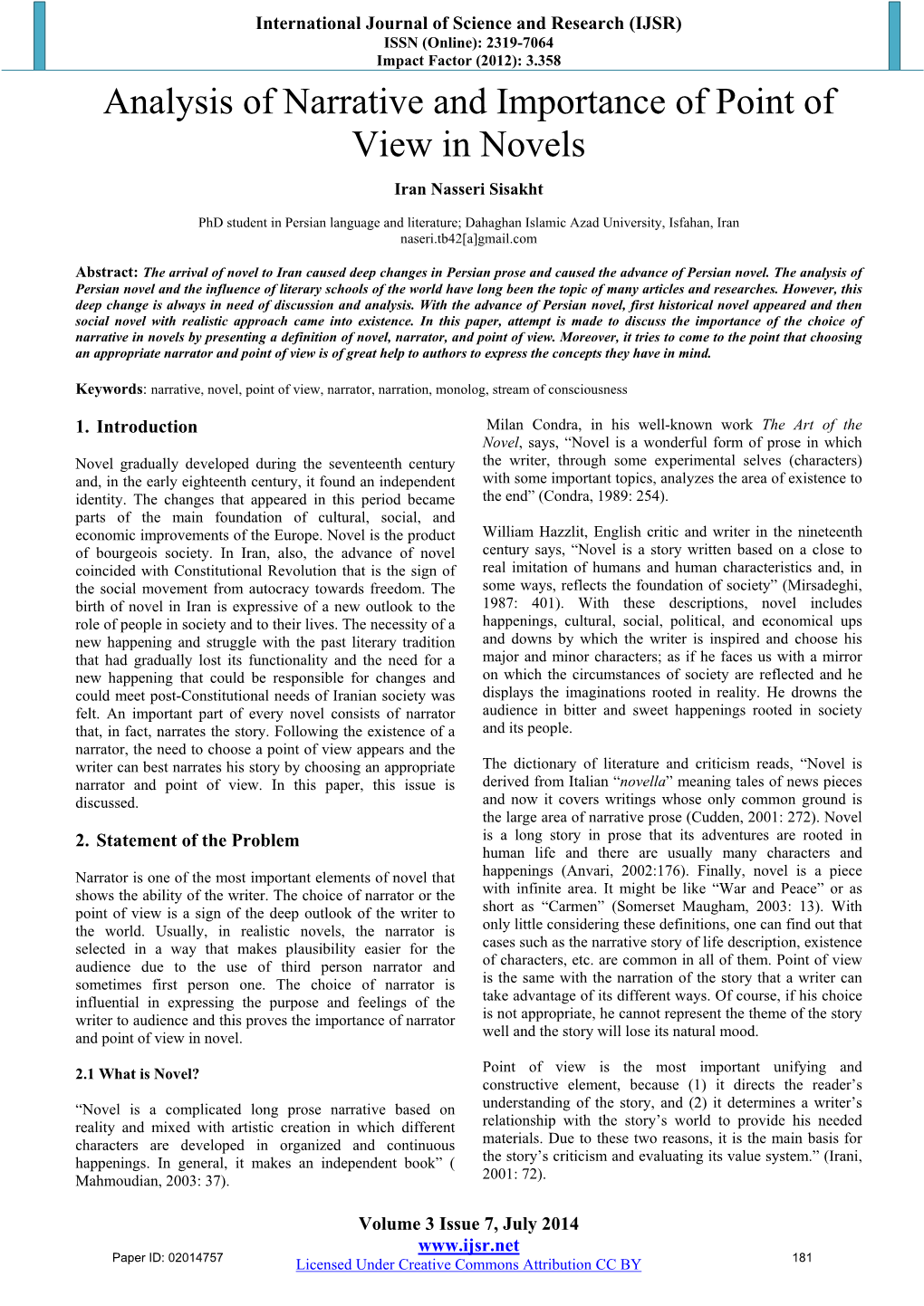 Analysis of Narrative and Importance of Point of View in Novels