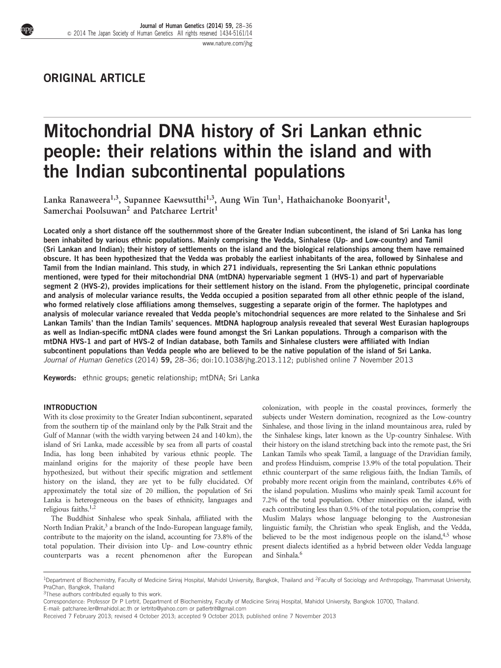 Mitochondrial DNA History of Sri Lankan Ethnic People: Their Relations Within the Island and with the Indian Subcontinental Populations