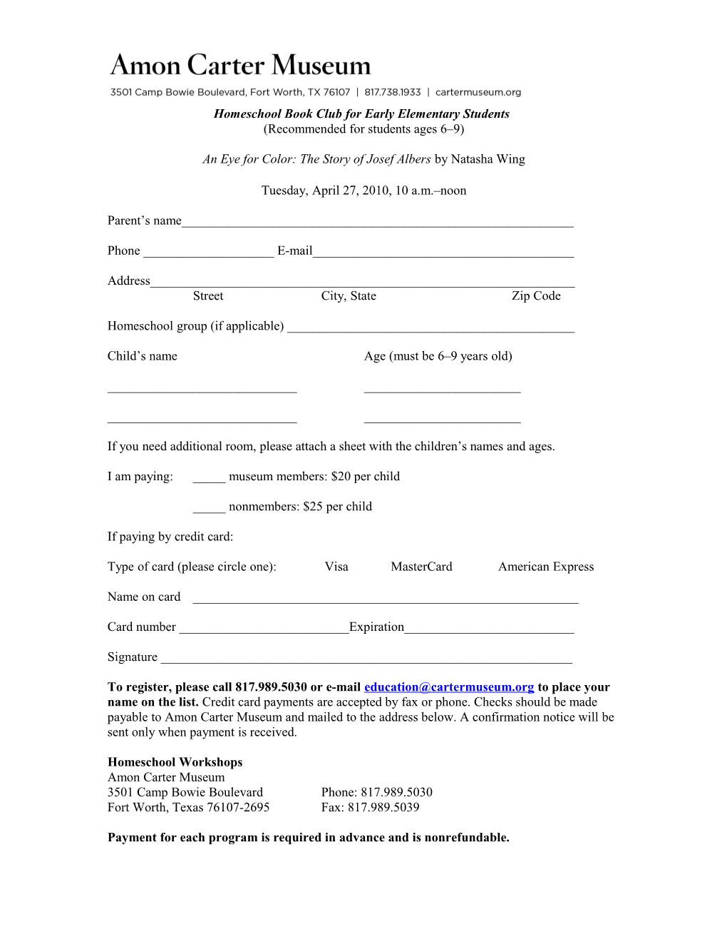 Homeschool Book Club Registration Form