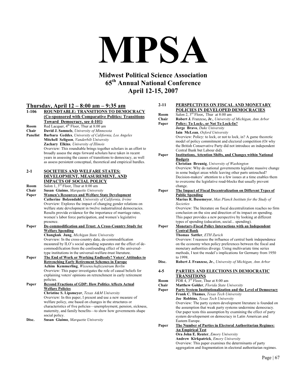 Midwest Political Science Association 65Th Annual National Conference April 12-15, 2007