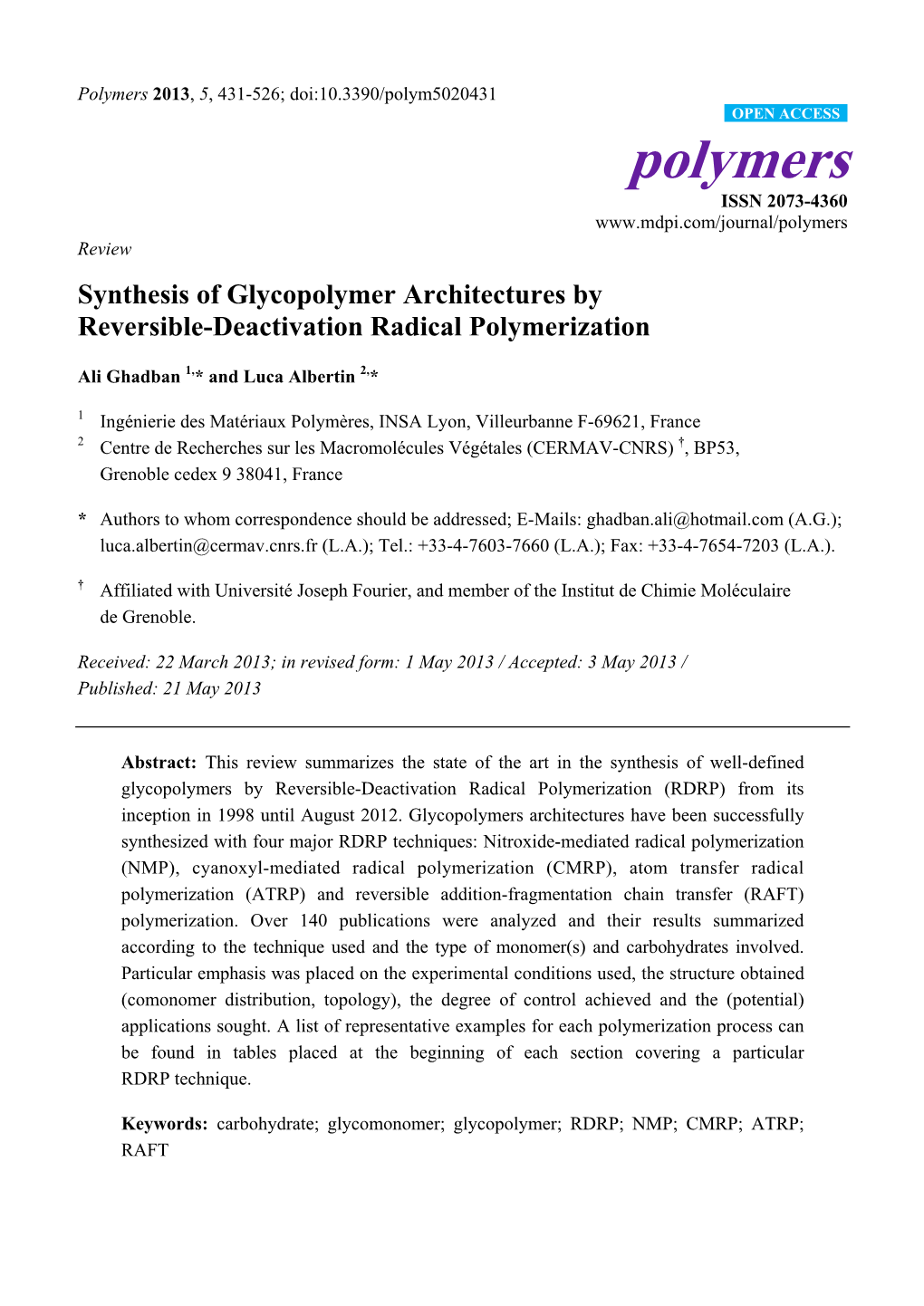 Synthesis of Glycopolymer Architectures by Reversible-Deactivation Radical Polymerization