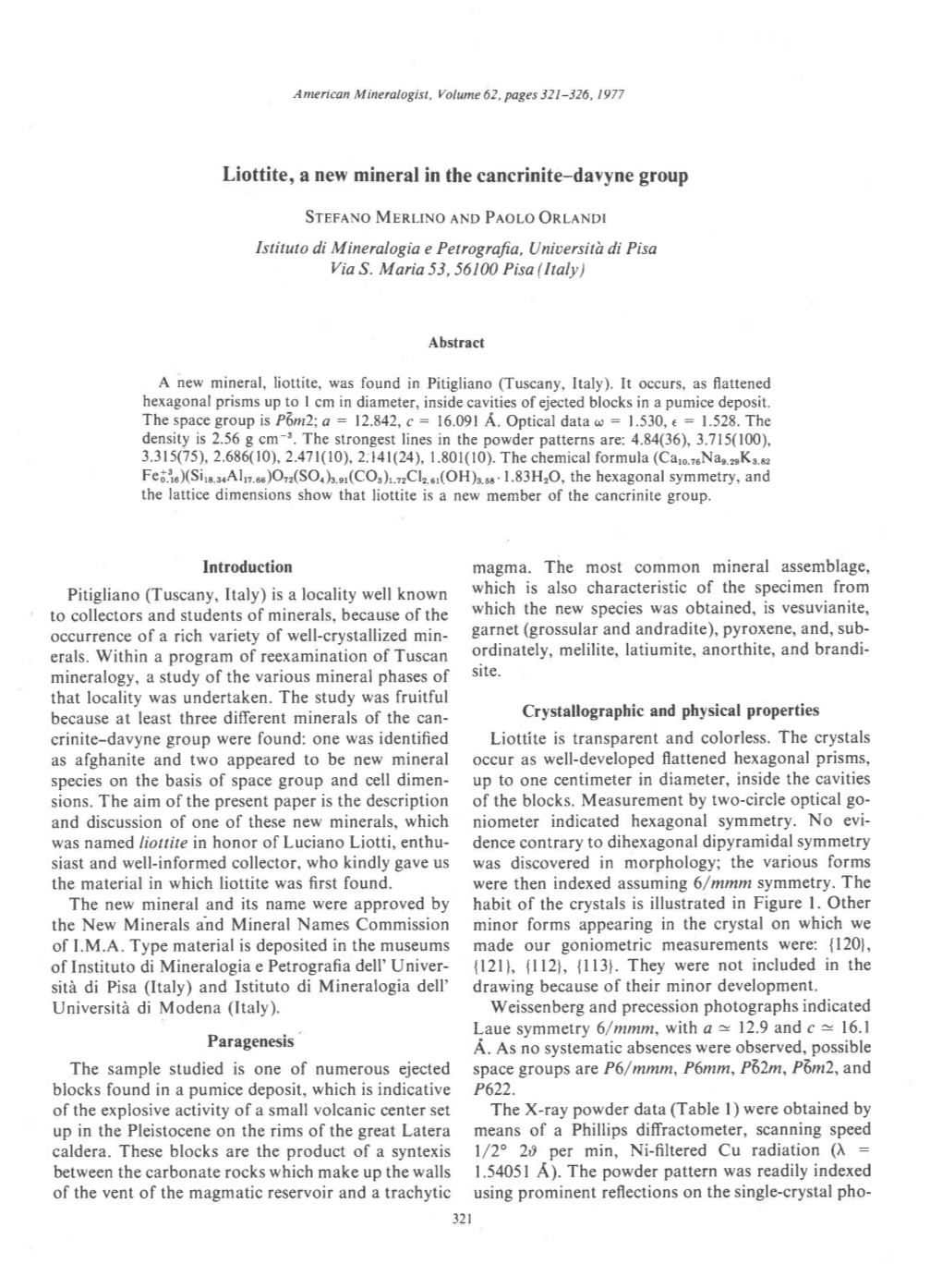 Liottite, a New Mineral in the Cancrinite-Davyne Group