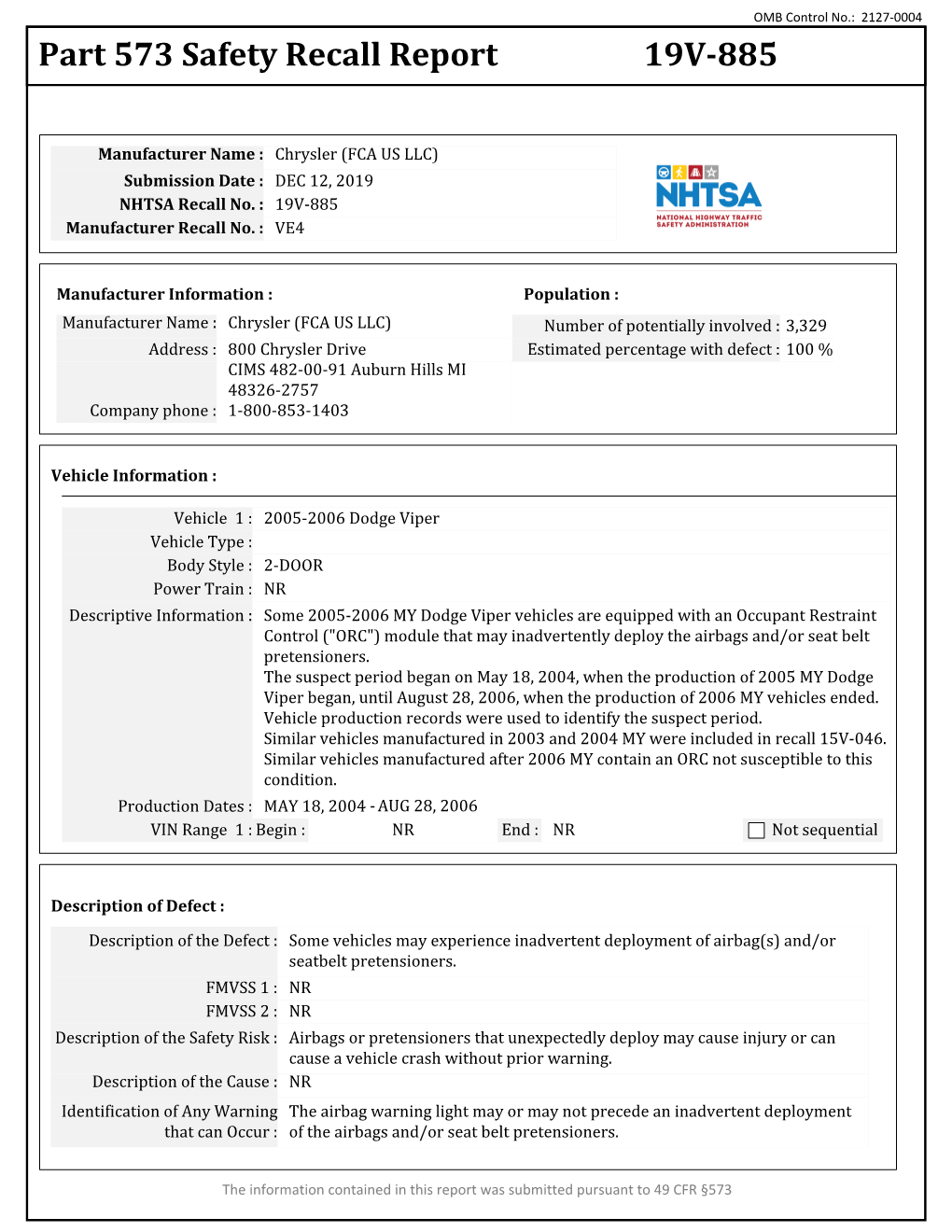 Part 573 Safety Recall Report 19V-885
