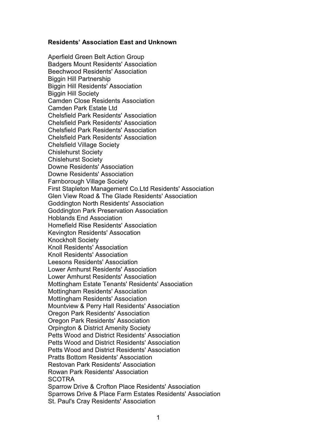 1 Residents' Association East and Unknown Aperfield Green Belt