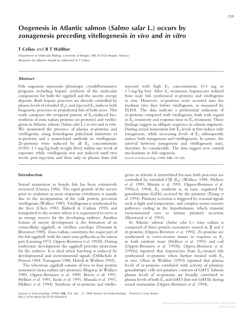 Oogenesis in Atlantic Salmon (Salmo Salar L.) Occurs by Zonagenesis Preceding Vitellogenesis in Vivo and in Vitro