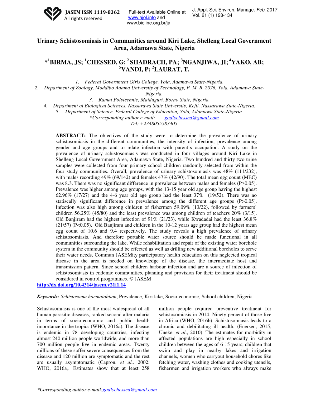 Urinary Schistosomiasis in Communities Around Kiri Lake, Shelleng Local Government Area, Adamawa State, Nigeria