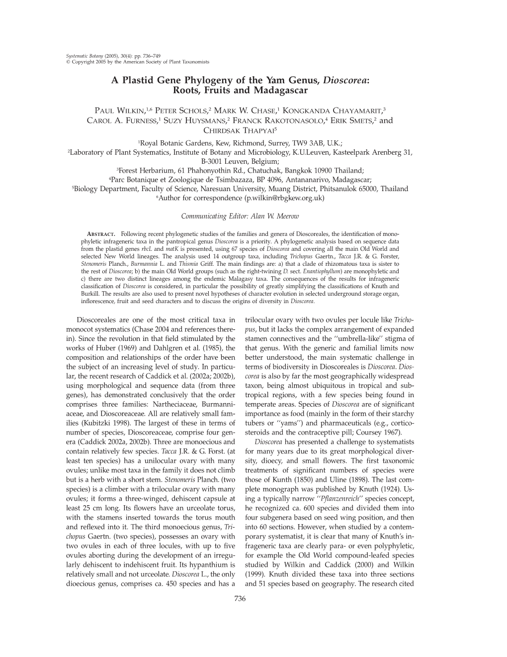 A Plastid Gene Phylogeny of the Yam Genus, Dioscorea: Roots, Fruits and Madagascar