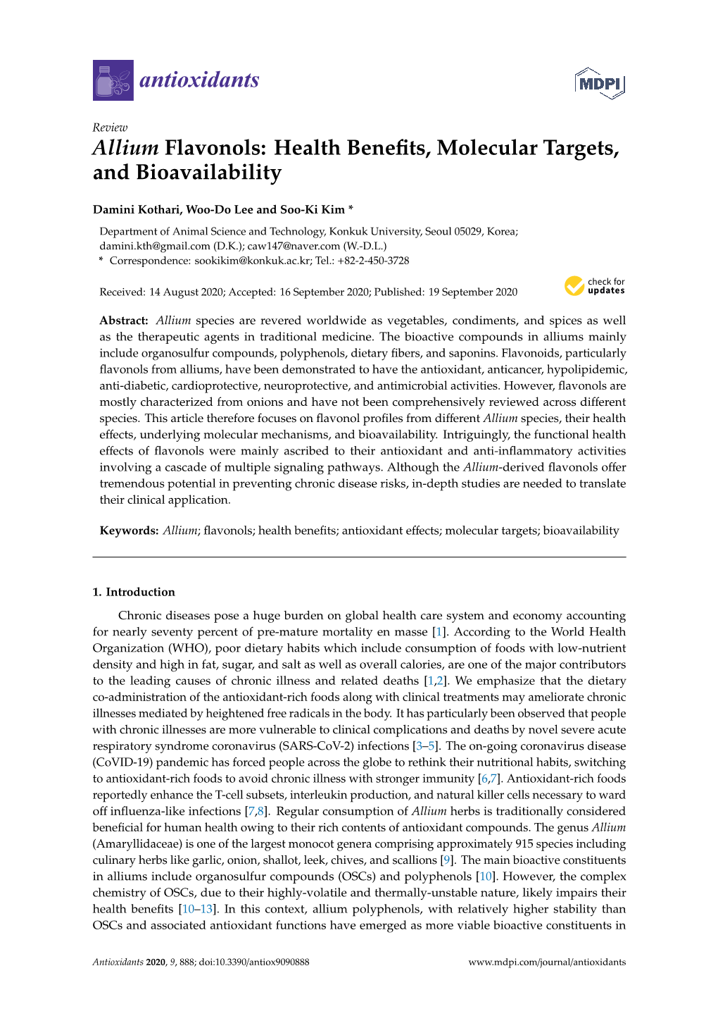 Allium Flavonols: Health Beneﬁts, Molecular Targets, and Bioavailability